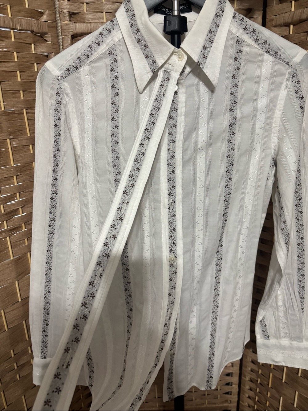 Vintage Dolce & Gabbana White and Gray Vertical Stripe Button-Down Blouse - Picture 3 of 7